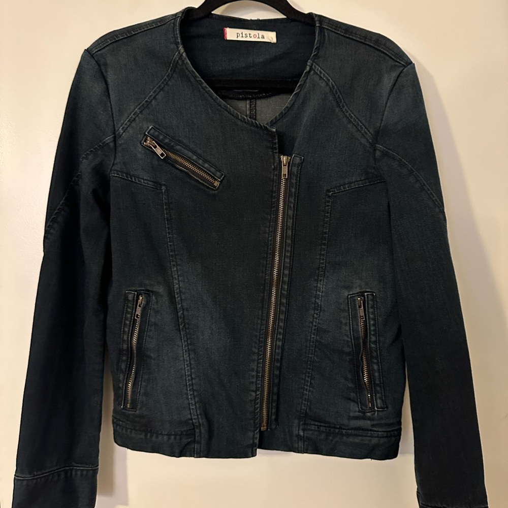 Pistola Black denim Moto-Style Jean Jacket with Asymmetrical Zipper